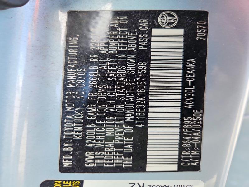 2006 Toyota Camry მანქანა იყიდება აუქციონზე, vin: 4T1BE32K16U674598, აუქციონის ნომერი: 54881156