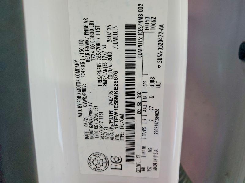 53190466 :رقم المزاد ، 1FTFW1E58MKE26676 vin ، 2021 Ford F150 مزاد بيع