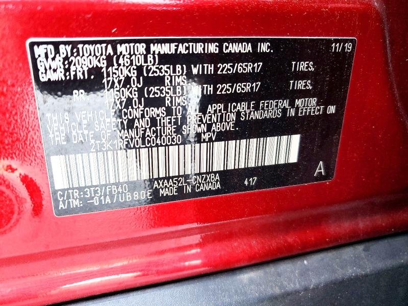 54824926 :رقم المزاد ، 2T3K1RFV0LC040030 vin ، 2020 Toyota Rav4 مزاد بيع