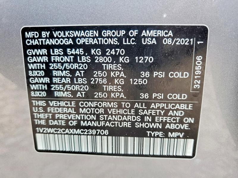 53364216 :رقم المزاد ، 1V2WC2CAXMC239706 vin ، 2021 Volkswagen Atlas Cross Sport مزاد بيع