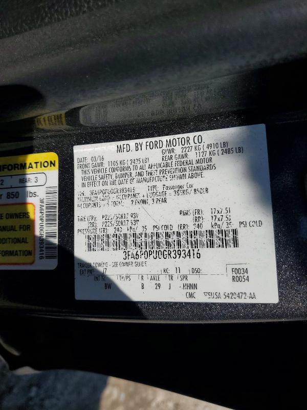 Aukcja sprzedaży 2016 Ford Fusion, vin: 3FA6P0PU0GR393416, numer aukcji: 54612196