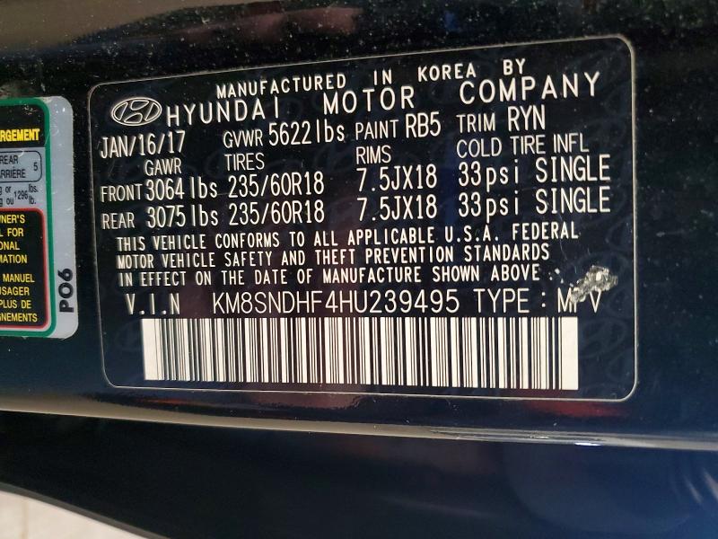 52519056 :رقم المزاد ، KM8SNDHF4HU239495 vin ، 2017 Hyundai Santa Fe مزاد بيع