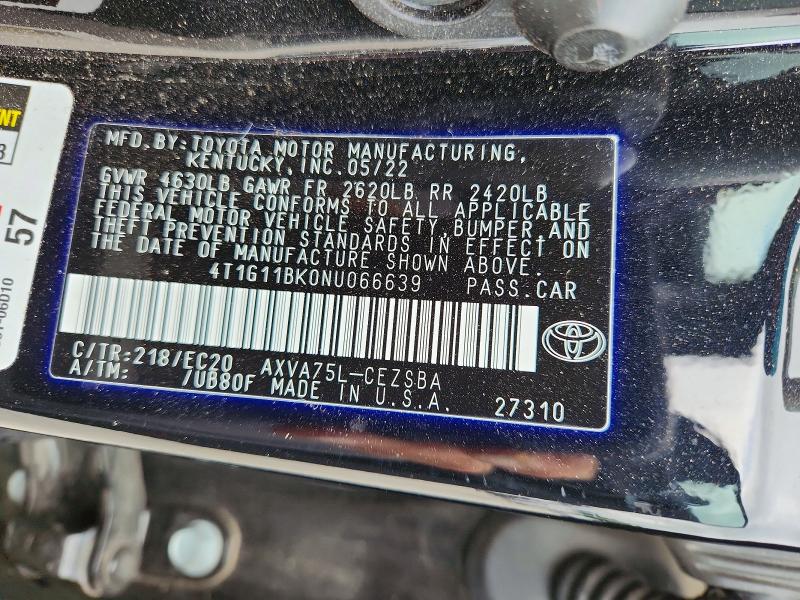 2022 Toyota Camry მანქანა იყიდება აუქციონზე, vin: 4T1G11BK0NU066639, აუქციონის ნომერი: 55142156