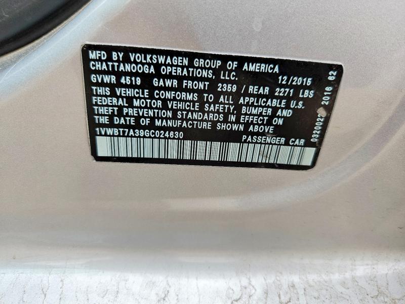 2016 Volkswagen Passat მანქანა იყიდება აუქციონზე, vin: 1VWBT7A39GC024630, აუქციონის ნომერი: 53955976