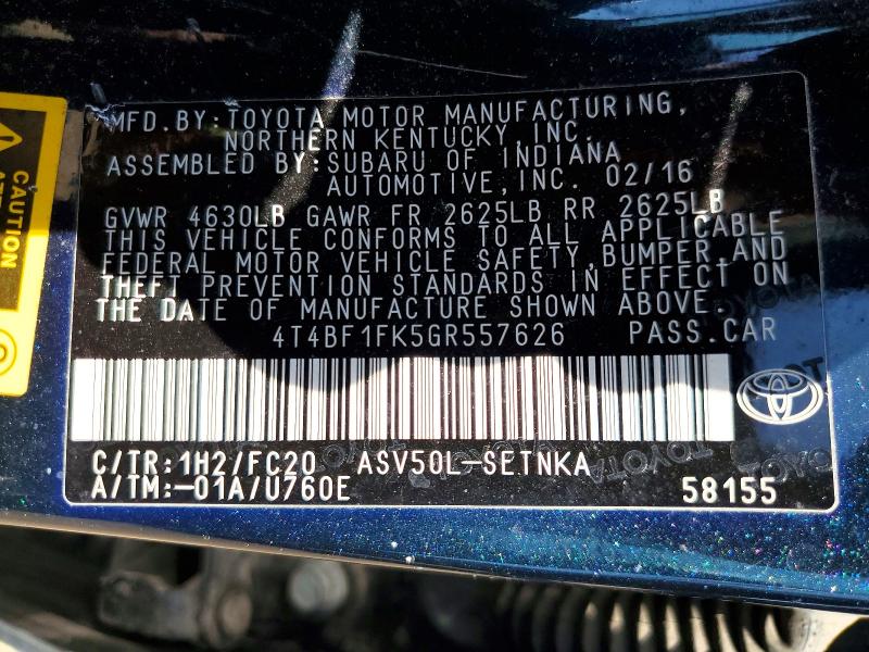 53428296 :رقم المزاد ، 4T4BF1FK5GR557626 vin ، 2016 Toyota Camry مزاد بيع