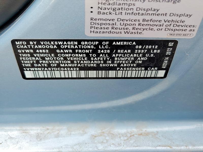 2013 Volkswagen Passat მანქანა იყიდება აუქციონზე, vin: 1VWBN7A37DC042422, აუქციონის ნომერი: 53691226