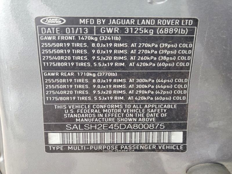 2013 Land Rover Range Rover Sport მანქანა იყიდება აუქციონზე, vin: SALSH2E45DA800875, აუქციონის ნომერი: 54970216