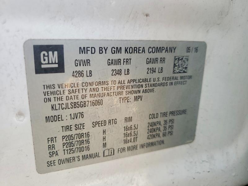 55279716 :رقم المزاد ، KL7CJLSB5GB716060 vin ، 2016 Chevrolet Trax مزاد بيع