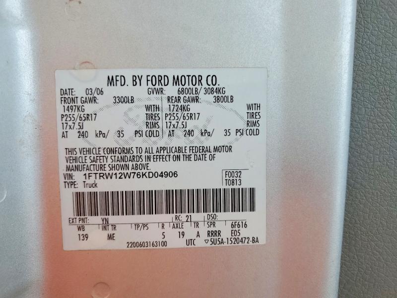 Aukcja sprzedaży 2006 Ford F150, vin: 1FTRW12W76KD04906, numer aukcji: 54481196