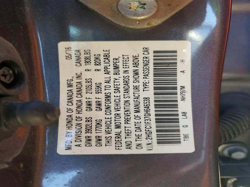 Продаж на аукціоні авто 2016 Honda Civic, vin: 2HGFC1F37GH646538, номер лоту: 53656216