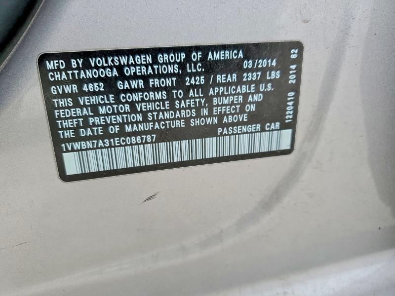 2014 Volkswagen Passat მანქანა იყიდება აუქციონზე, vin: 1VWBN7A31EC086787, აუქციონის ნომერი: 54139796