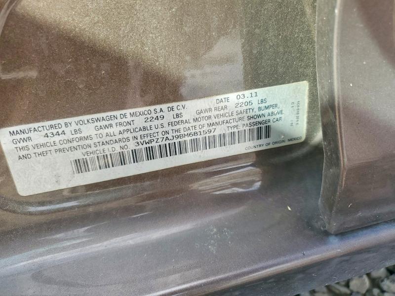 2011 Volkswagen Jetta მანქანა იყიდება აუქციონზე, vin: 3VWPZ7AJ9BM681597, აუქციონის ნომერი: 55073606