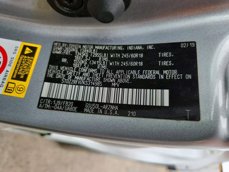 Aukcja sprzedaży 2019 Toyota Highlander, vin: 5TDZZRFH7KS314985, numer aukcji: 54698546