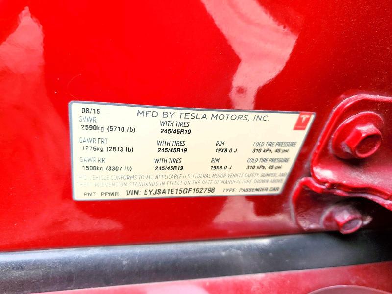 2016 Tesla Model S მანქანა იყიდება აუქციონზე, vin: 5YJSA1E15GF152798, აუქციონის ნომერი: 54978236