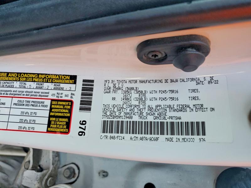 2022 Toyota Tacoma მანქანა იყიდება აუქციონზე, vin: 3TMDZ5BN5NM139400, აუქციონის ნომერი: 54539486