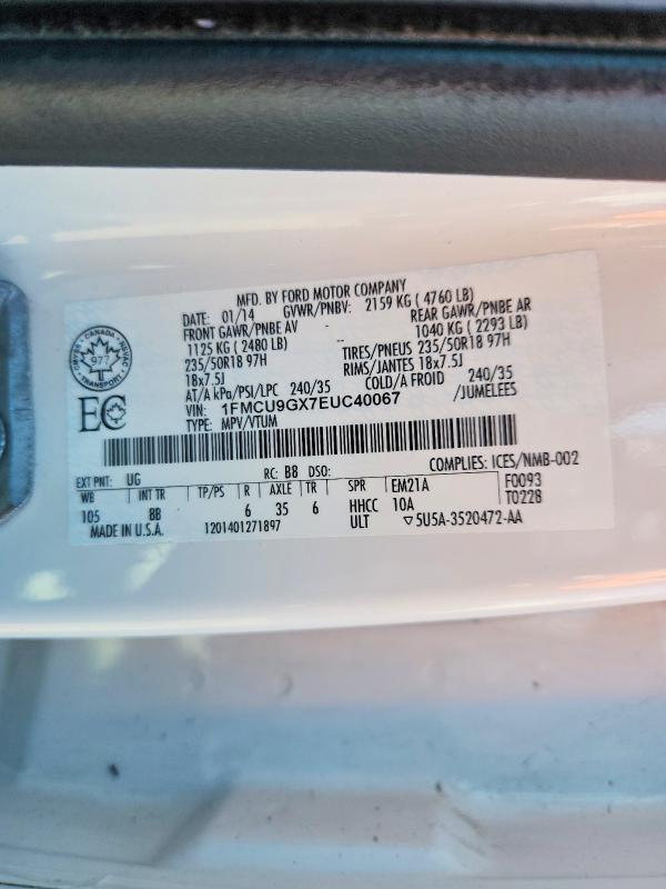 Продаж на аукціоні авто 2014 Ford Escape, vin: 1FMCU9GX7EUC40067, номер лоту: 51854456