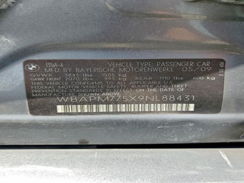 2009 Bmw 335 მანქანა იყიდება აუქციონზე, vin: WBAPM775X9NL88431, აუქციონის ნომერი: 53427006