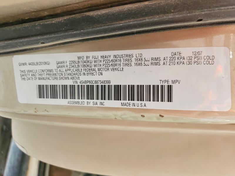 2008 Subaru Outback მანქანა იყიდება აუქციონზე, vin: 4S4BP60C887348399, აუქციონის ნომერი: 54471306