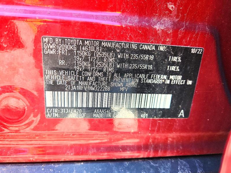 51706696 :رقم المزاد ، 2T3A1RFV1NW322268 vin ، 2022 Toyota Rav4 مزاد بيع