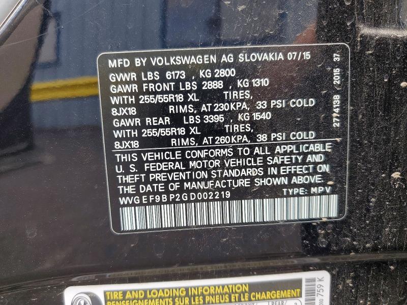 Продаж на аукціоні авто 2016 Volkswagen Touareg, vin: WVGEF9BP2GD002219, номер лоту: 51366066
