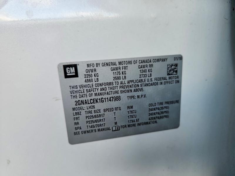 2016 Chevrolet Equinox მანქანა იყიდება აუქციონზე, vin: 2GNALCEK1G1147988, აუქციონის ნომერი: 53986036