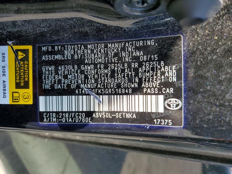 Aukcja sprzedaży 2016 Toyota Camry, vin: 4T4BF1FK5GR516848, numer aukcji: 51972586