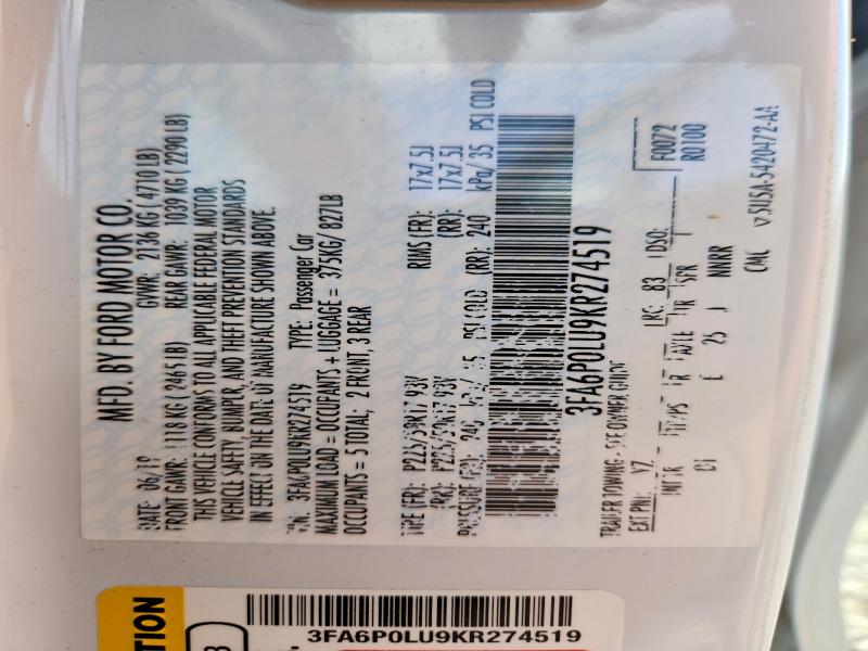 55108456 :رقم المزاد ، 3FA6P0LU9KR274519 vin ، 2019 Ford Fusion مزاد بيع