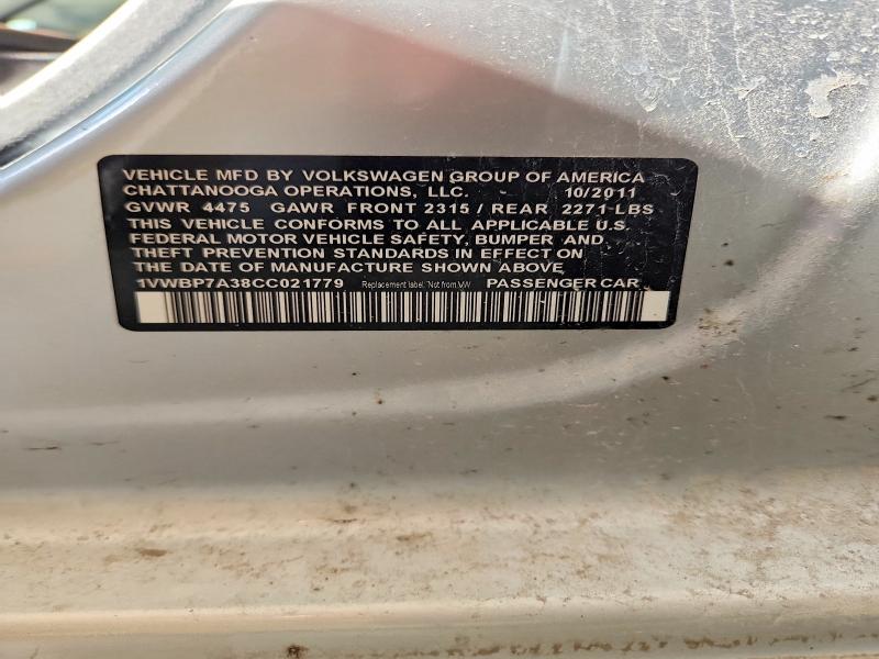 Aukcja sprzedaży 2012 Volkswagen Passat, vin: 1VWBP7A38CC021779, numer aukcji: 52397456