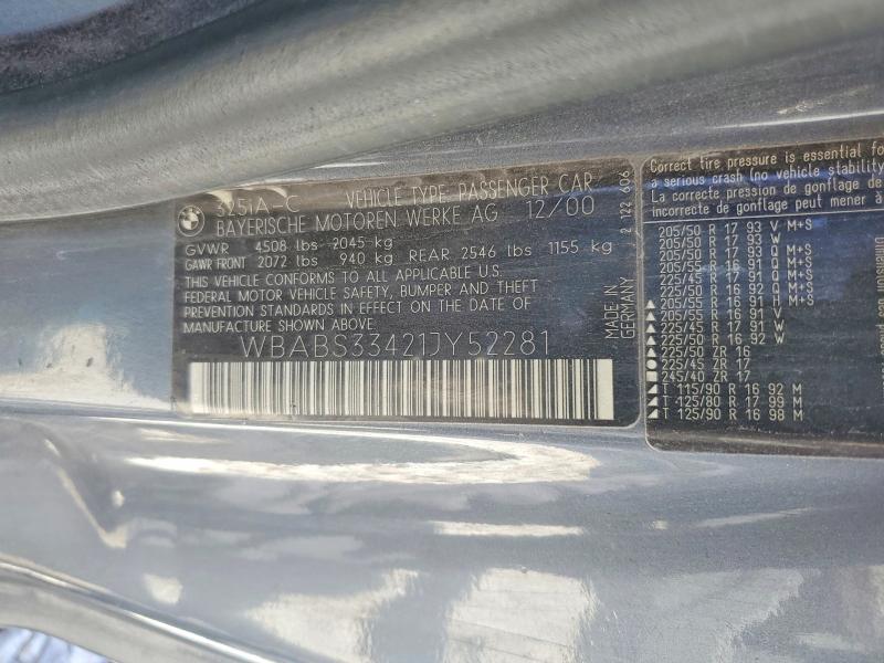 52764656 :رقم المزاد ، WBABS33421JY52281 vin ، 2001 Bmw 325 مزاد بيع