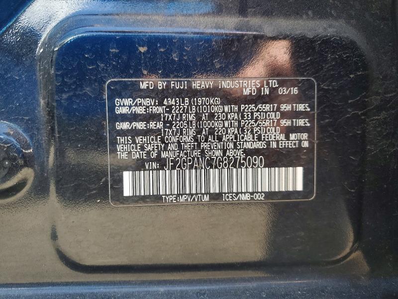 52455536 :رقم المزاد ، JF2GPANC7G8275090 vin ، 2016 Subaru Crosstrek مزاد بيع