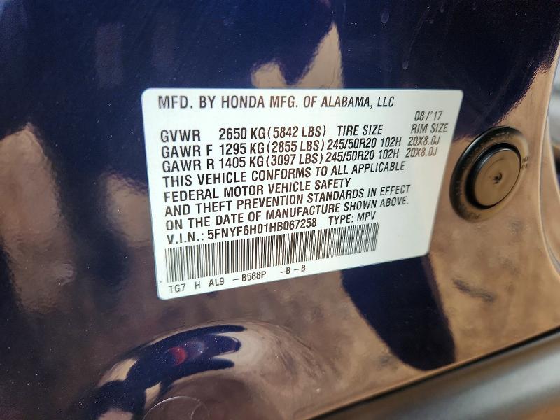 53026496 :رقم المزاد ، 5FNYF6H01HB067258 vin ، 2017 Honda Pilot مزاد بيع
