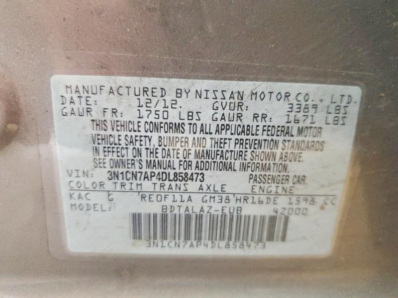 Продаж на аукціоні авто 2013 Nissan Versa, vin: 3N1CN7AP4DL858473, номер лоту: 52191816
