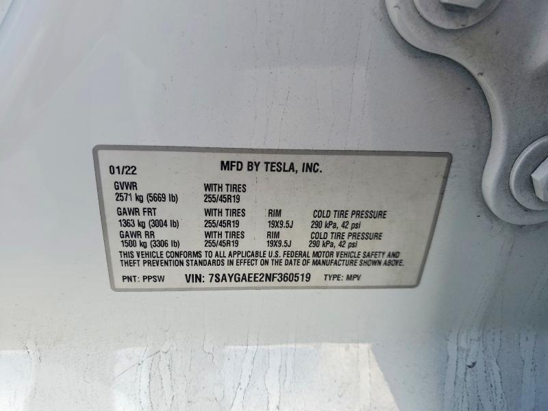 Продаж на аукціоні авто 2022 Tesla Model Y, vin: 7SAYGAEE2NF360519, номер лоту: 52347616