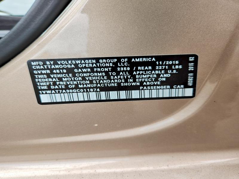 55421796 :رقم المزاد ، 1VWAT7A30GC011874 vin ، 2016 Volkswagen Passat مزاد بيع