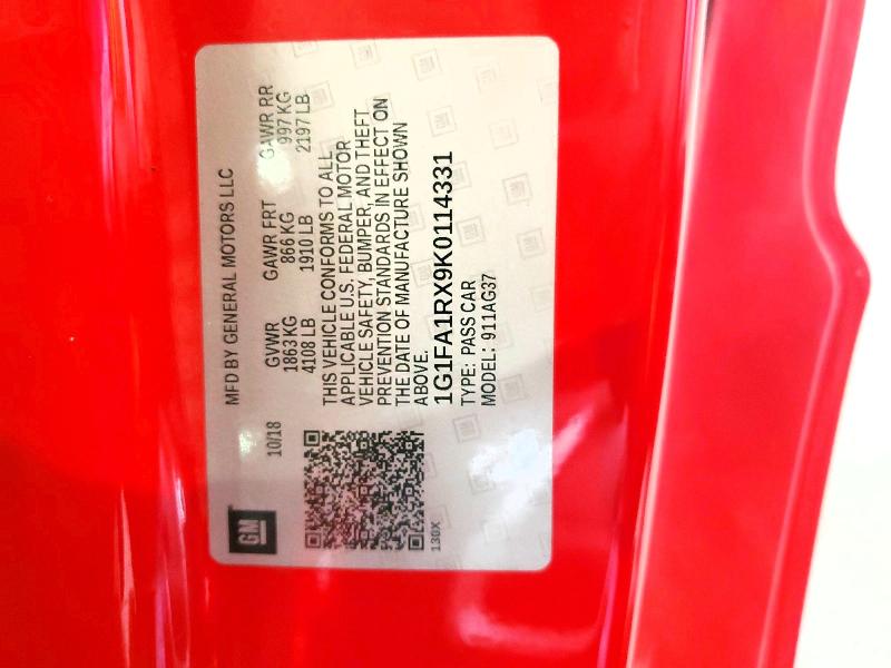 52319136 :رقم المزاد ، 1G1FA1RX9K0114331 vin ، 2019 Chevrolet Camaro مزاد بيع