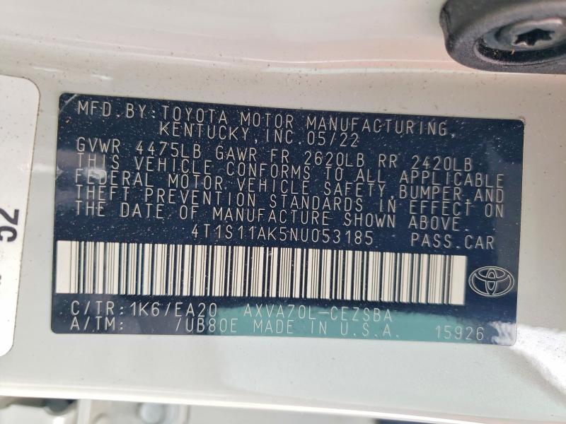 2022 Toyota Camry მანქანა იყიდება აუქციონზე, vin: 4T1S11AK5NU053185, აუქციონის ნომერი: 53465896