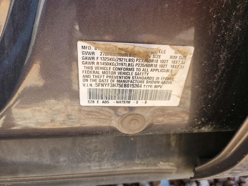 2014 Honda Pilot მანქანა იყიდება აუქციონზე, vin: 5FNYF3H75EB015364, აუქციონის ნომერი: 54912716