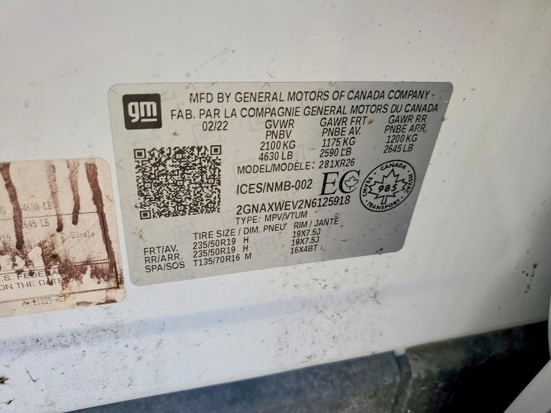 Aukcja sprzedaży 2022 Chevrolet Equinox, vin: 2GNAXWEV2N6125918, numer aukcji: 52687086