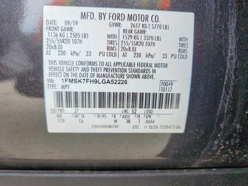 55244446 :رقم المزاد ، 1FMSK7FH9LGA52226 vin ، 2020 Ford Explorer مزاد بيع