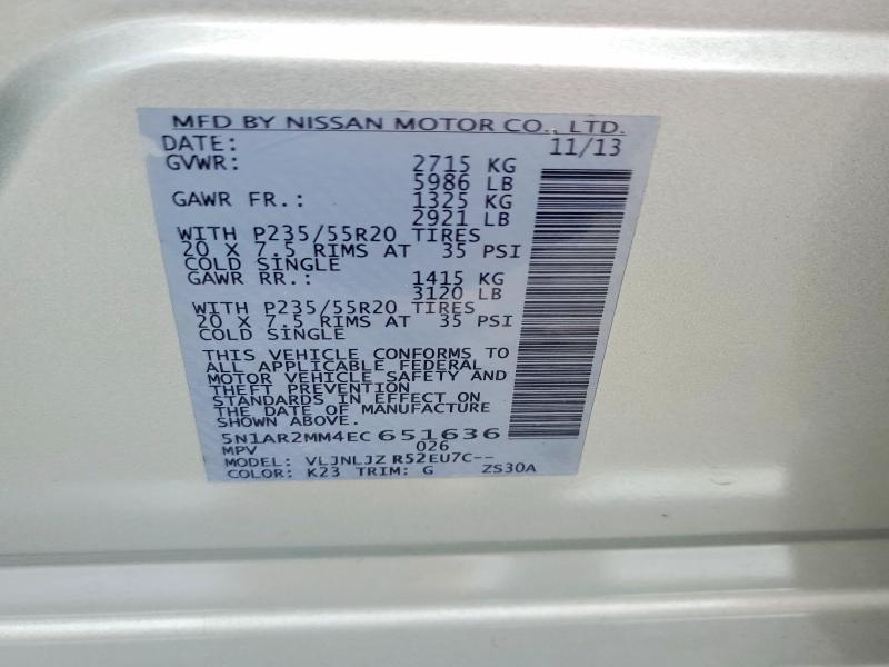 2014 Nissan Pathfinder მანქანა იყიდება აუქციონზე, vin: 5N1AR2MM4EC651636, აუქციონის ნომერი: 54992366
