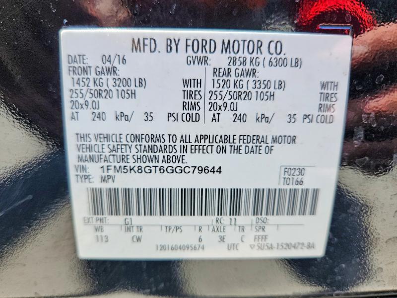 55383516 :رقم المزاد ، 1FM5K8GT6GGC79644 vin ، 2016 Ford Explorer مزاد بيع