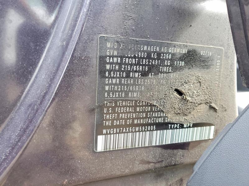 51377636 :رقم المزاد ، WVGBV7AX5GW592805 vin ، 2016 Volkswagen Tiguan مزاد بيع