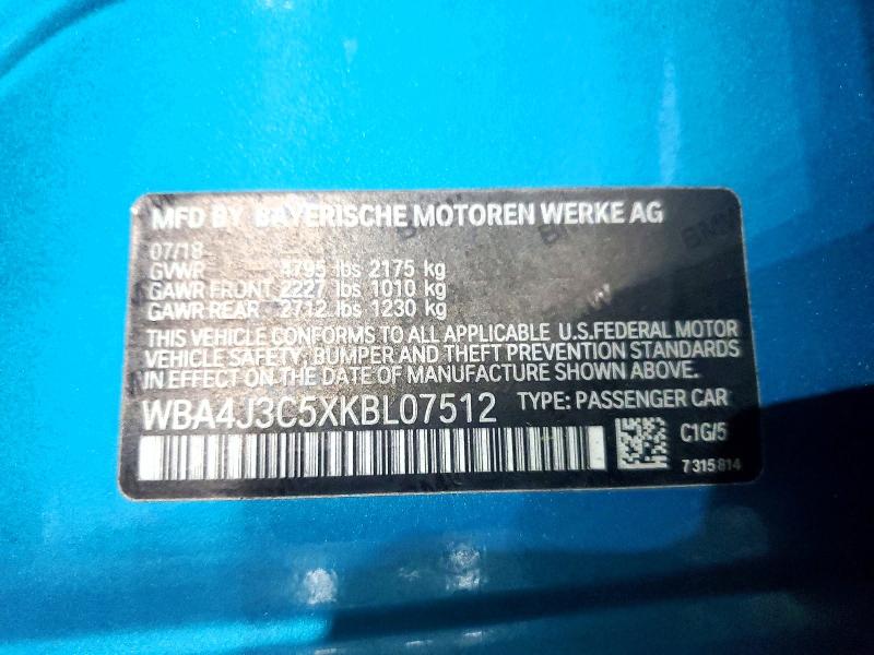 53115706 :رقم المزاد ، WBA4J3C5XKBL07512 vin ، 2019 Bmw 430xi مزاد بيع