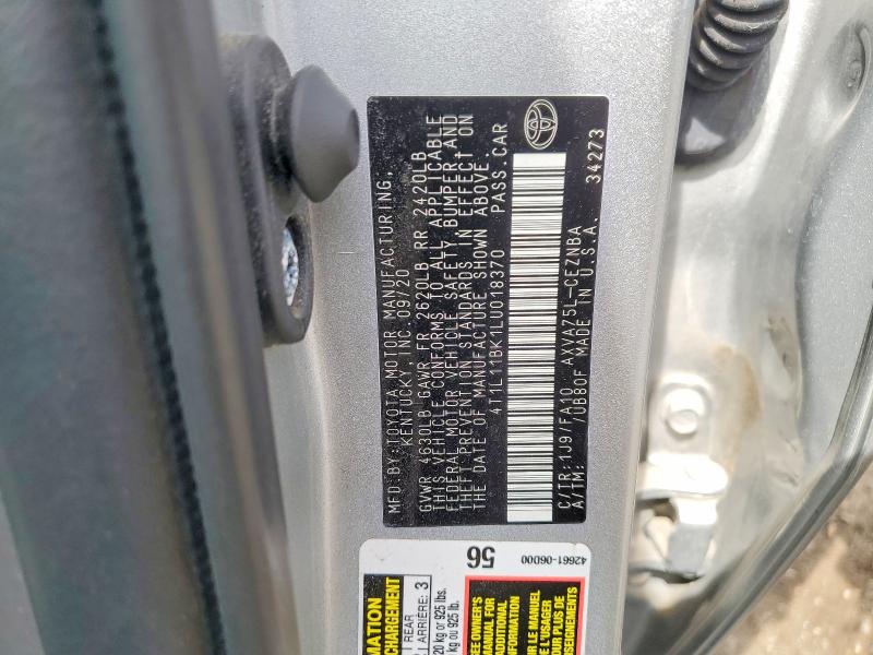 54454016 :رقم المزاد ، 4T1L11BK1LU018370 vin ، 2020 Toyota Camry مزاد بيع