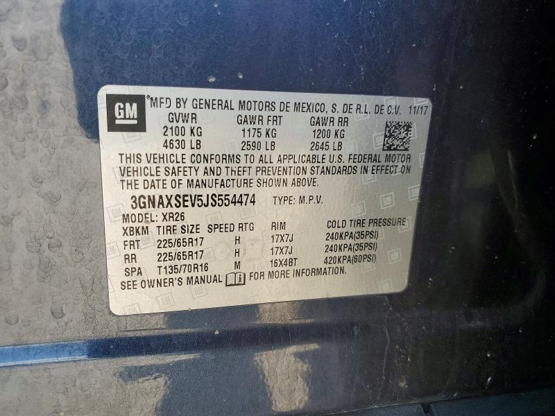 Aukcja sprzedaży 2018 Chevrolet Equinox, vin: 3GNAXSEV5JS554474, numer aukcji: 54862356