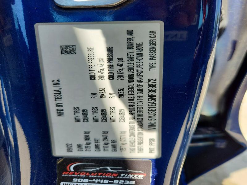 2022 Tesla Model 3 მანქანა იყიდება აუქციონზე, vin: 5YJ3E1EA5NF369872, აუქციონის ნომერი: 53898646
