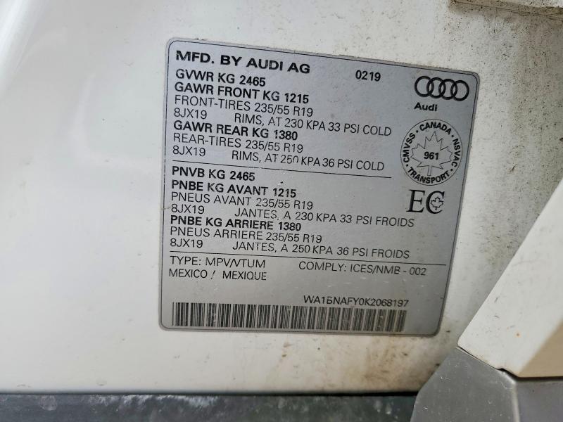 2019 Audi Q5 მანქანა იყიდება აუქციონზე, vin: WA1BNAFY0K2068197, აუქციონის ნომერი: 52395396