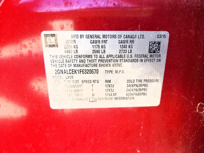 Продаж на аукціоні авто 2015 Chevrolet Equinox, vin: 2GNALCEK1F6320670, номер лоту: 52709106