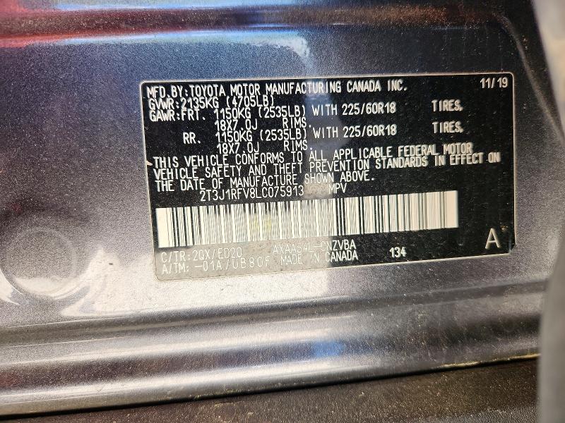 2020 Toyota Rav4 მანქანა იყიდება აუქციონზე, vin: 2T3J1RFV8LC075913, აუქციონის ნომერი: 53514556