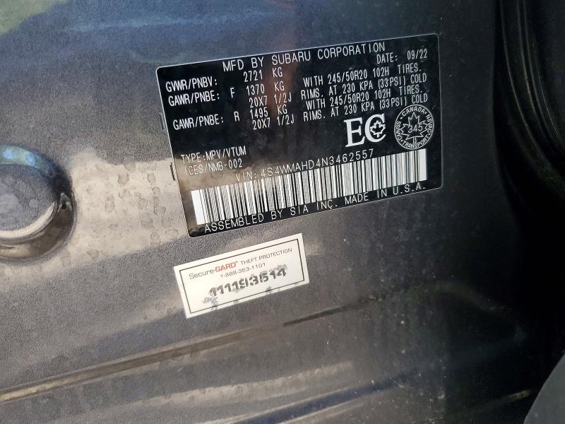 54519566 :رقم المزاد ، 4S4WMAHD4N3462557 vin ، 2022 Subaru Ascent مزاد بيع